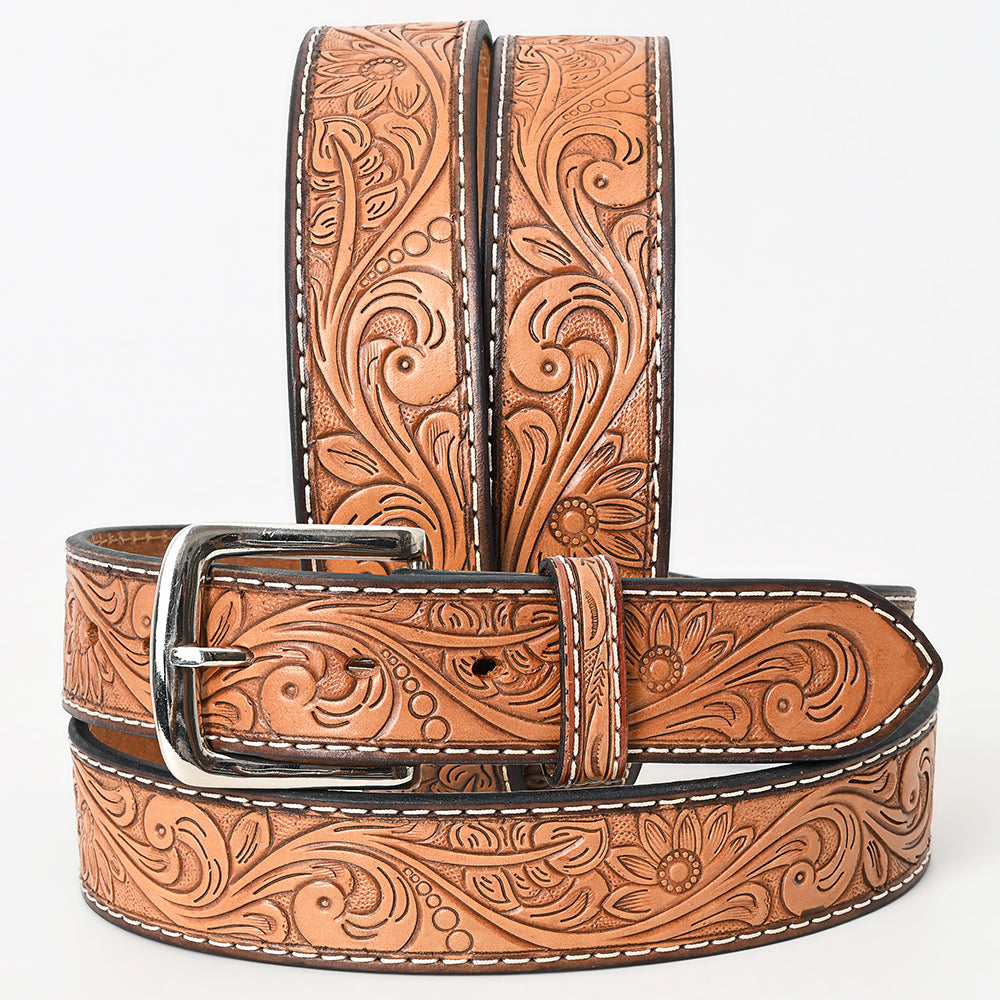 BAR H EQUINE 32 - 42 In Floral Hand Tooled Western Genuine Leather Belt Brown