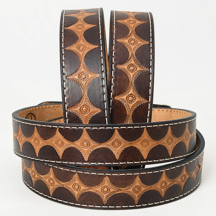 Bar H Equine Hand Tooled Genuine Leather Crafted Brown Unisex Western Belt Removable Buckle Full Grain