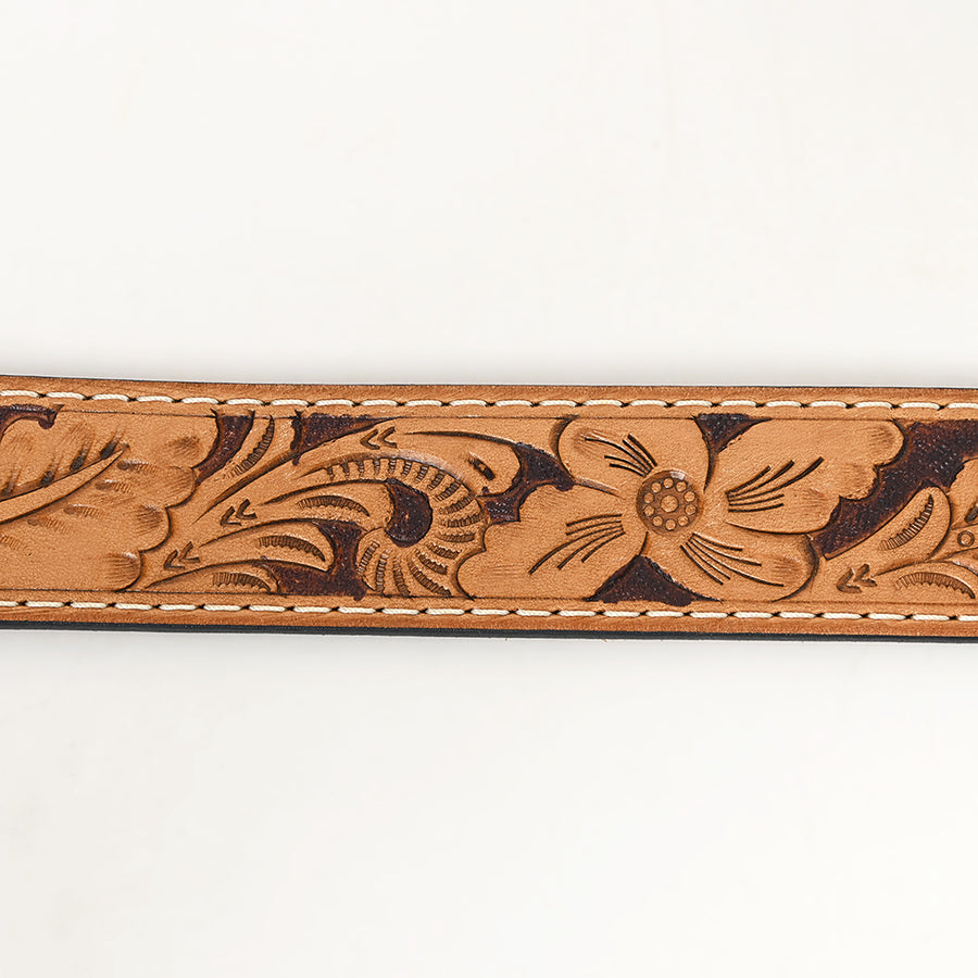 Bar H Equine Hand Tooled Genuine Leather Crafted Brown Unisex Belt Removable Buckle Full Grain Western Men & Women