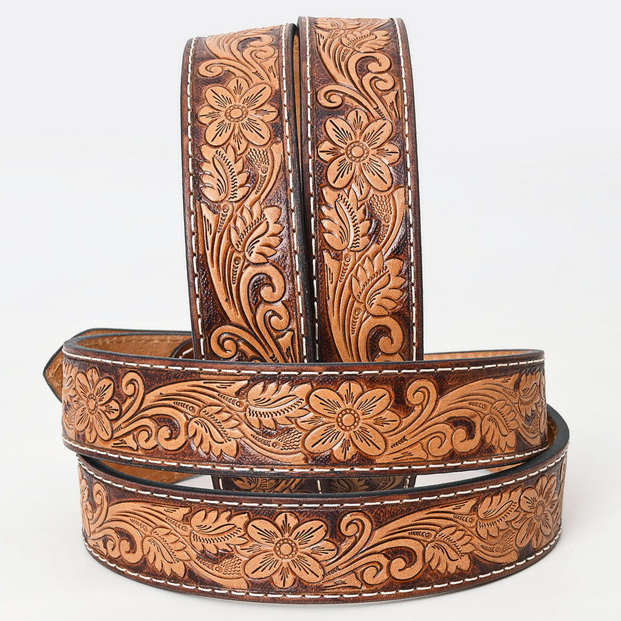 Bar H Equine Hand Tooled Genuine Leather Crafted Brown Unisex Western Belt Removable Buckle Full Grain for Men Women