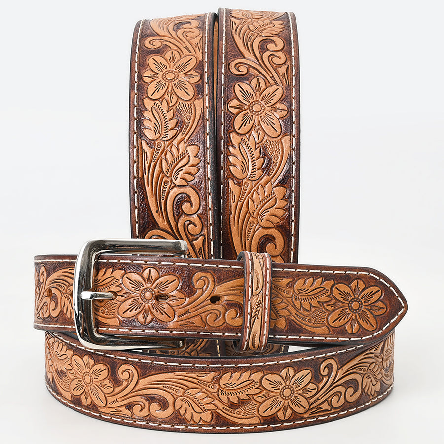 BAR H EQUINE 34 In Floral Hand Tooled Western Genuine Leather Belt Brown - Uhorse