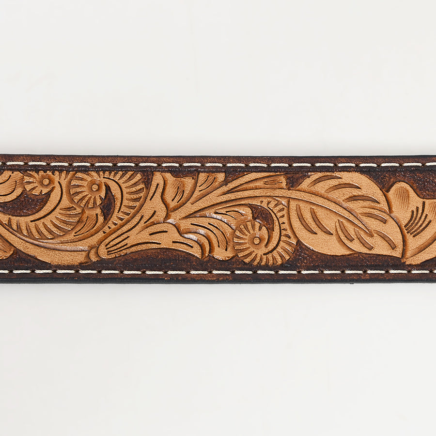 Bar H Equine Hand Crafted Tooled Genuine Leather Brown Tan Unisex Western Belt Removable Buckle Full Grain Men Women