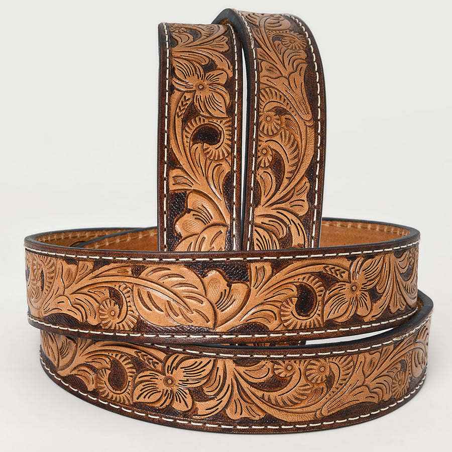 Bar H Equine Hand Tooled Genuine Leather Crafted Brown Unisex Western Belt Removable Buckle Full Grain Men & Women
