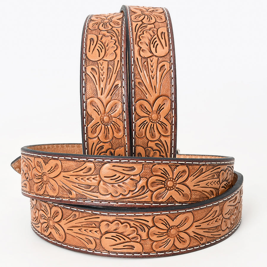 Bar H Equine Hand Tooled Genuine Leather Crafted Brown Unisex Western Belt Removable Buckle Full Grain for Men Women