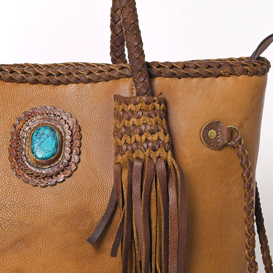 American Darling Tote Bag Western Genuine Leather Handcrafted Large Purse with Turquoise Stone, Fringes and YKK Zipper