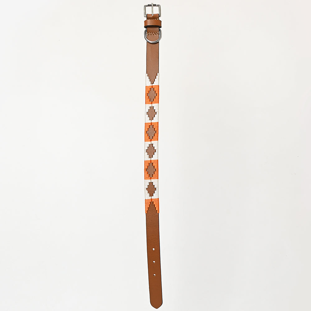 BAR H EQUINE Western Genuine Leather Dog Collar Embroidered Orange & White