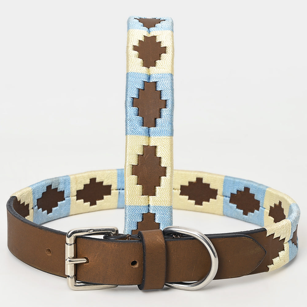 BAR H EQUINE Western Genuine Leather Dog Collar Embroidered Beige & Light Blue