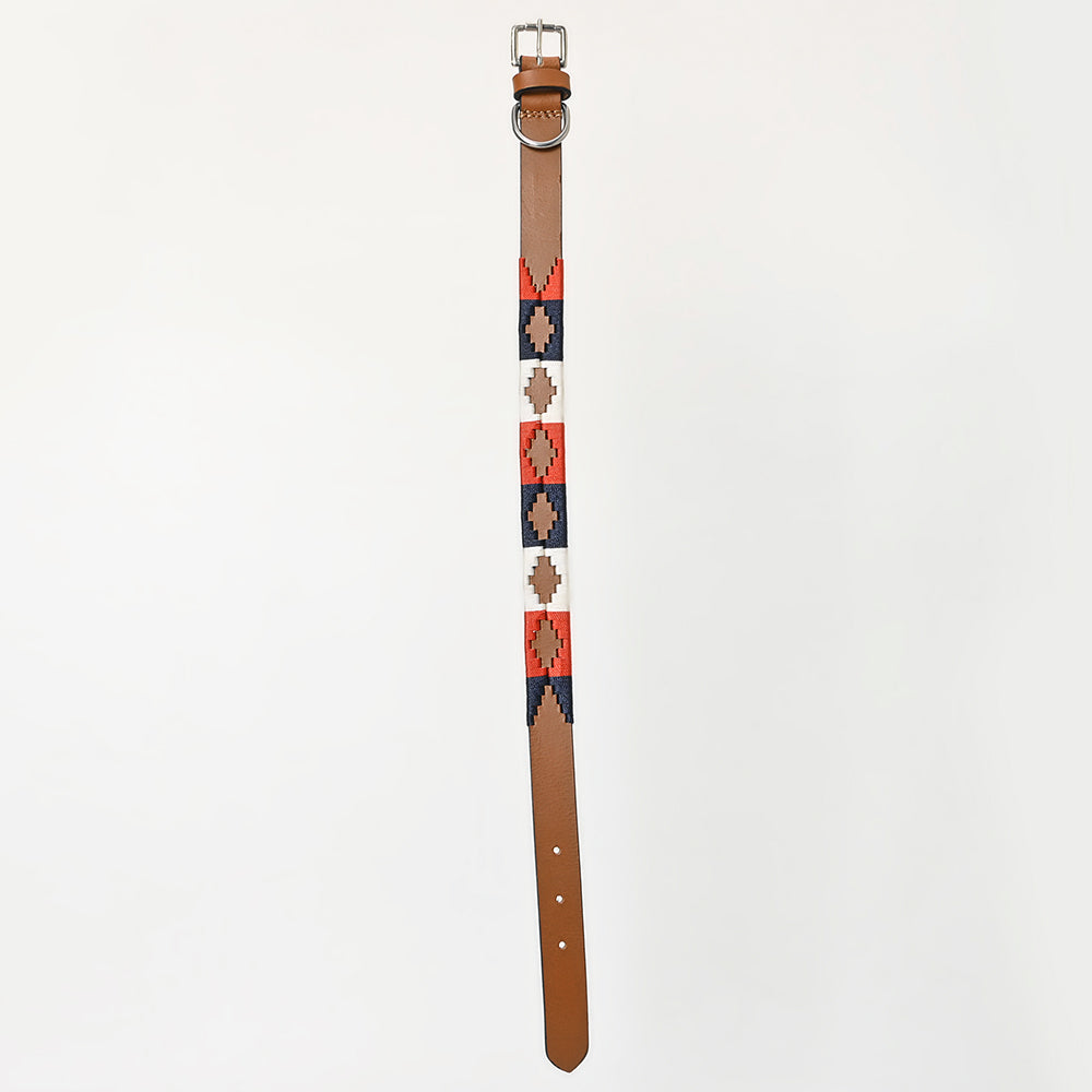 BAR H EQUINE Western Genuine Leather Dog Collar Embroidered Blue Red & White