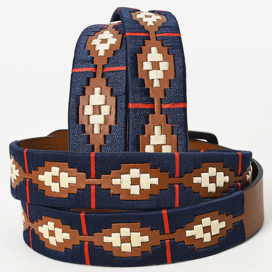 Bar H Equine Western Brown Full Grain Genuine Leather Men & Women Belt Embroidered Blue Red White with Buckle