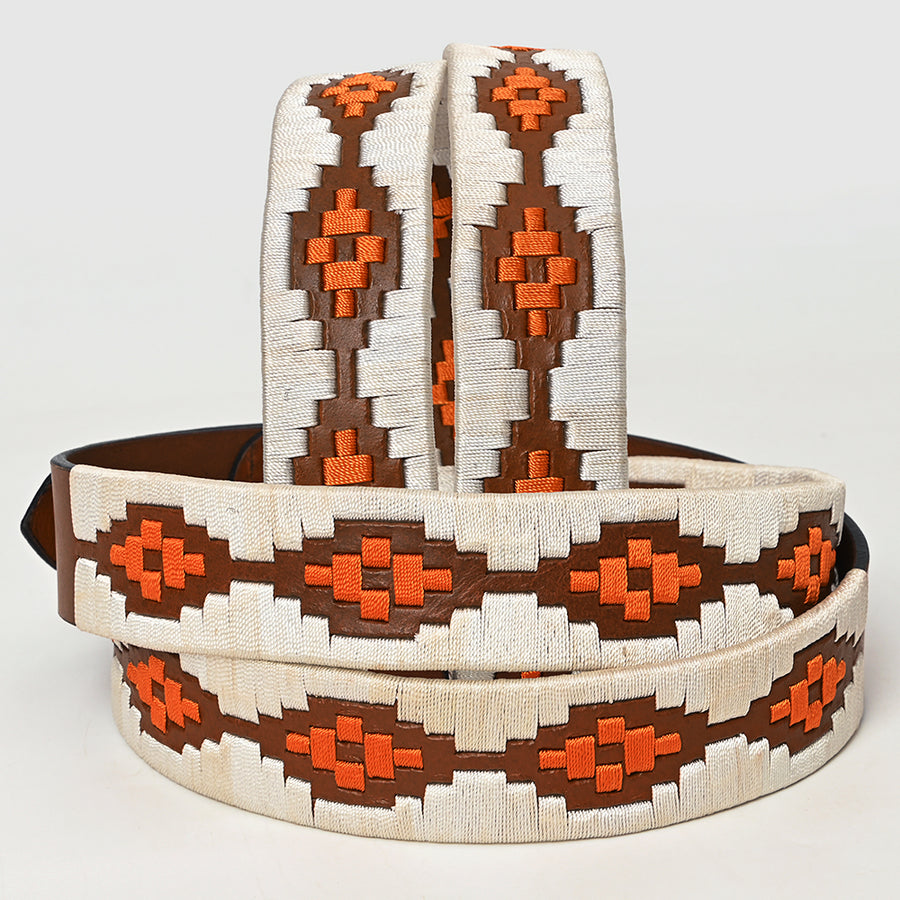 Bar H Equine Western Brown Full Grain Genuine Leather Men & Women Belt Embroidered White Orange with Buckle