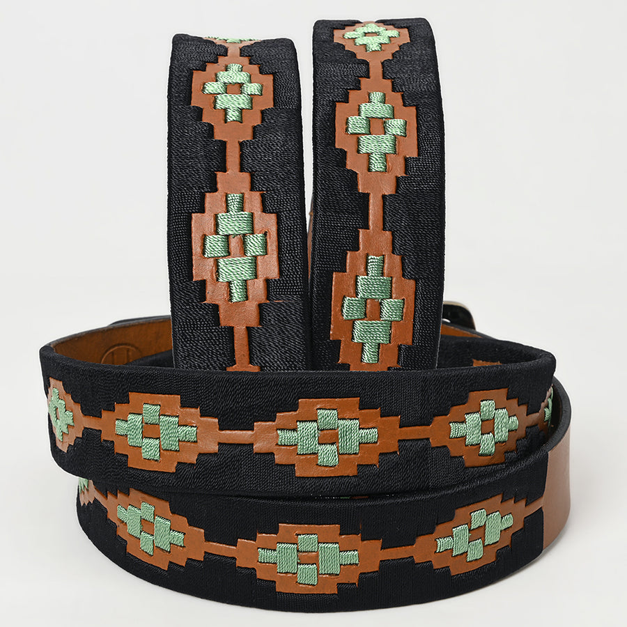 Bar H Equine Western Brown Full Grain Genuine Leather Men & Women Belt Embroidered Black Light Green with Buckle