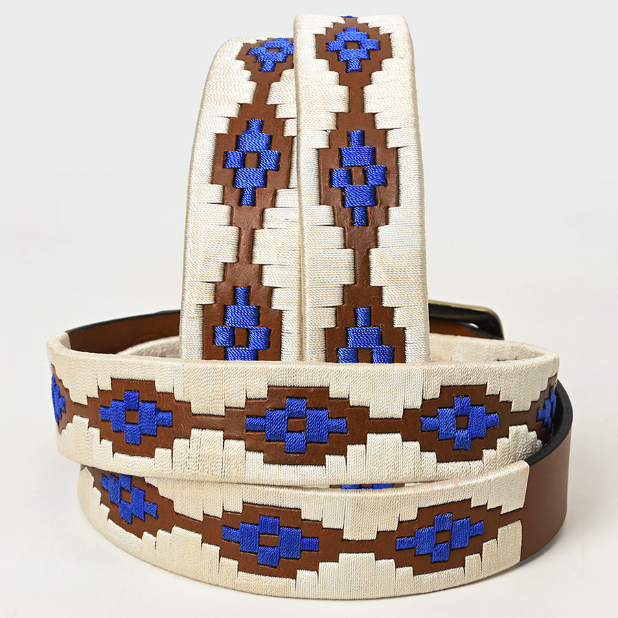 Bar H Equine Western Brown Full Grain Genuine Leather Men & Women Belt Embroidered White Blue with Buckle
