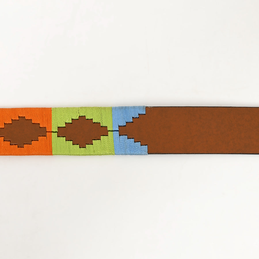 Bar H Equine Western Brown Full Grain Genuine Leather Men & Women Belt Embroidered Yellow Blue Light Green Buckle
