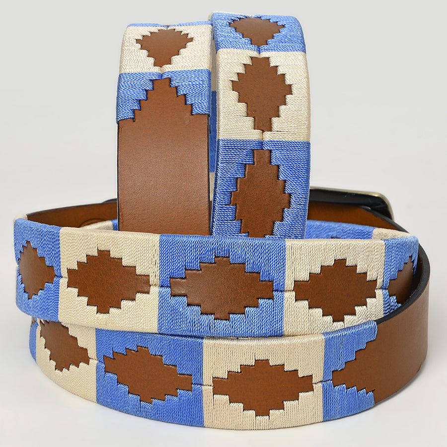 Bar H Equine Western Brown Full Grain Genuine Leather Men & Women Belt Embroidered Blue White with Buckle