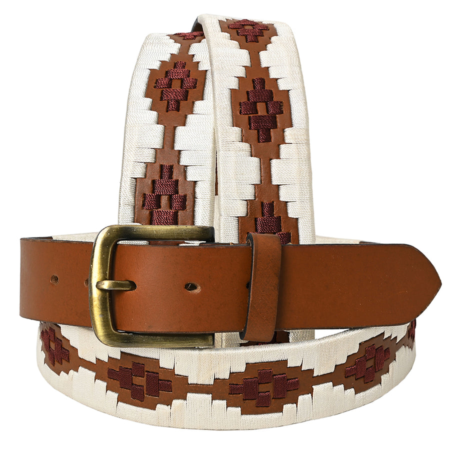 BAR H EQUINE Western Genuine Leather Men And Women Brown Belt Embroidered White and Brown - Bar H Equine