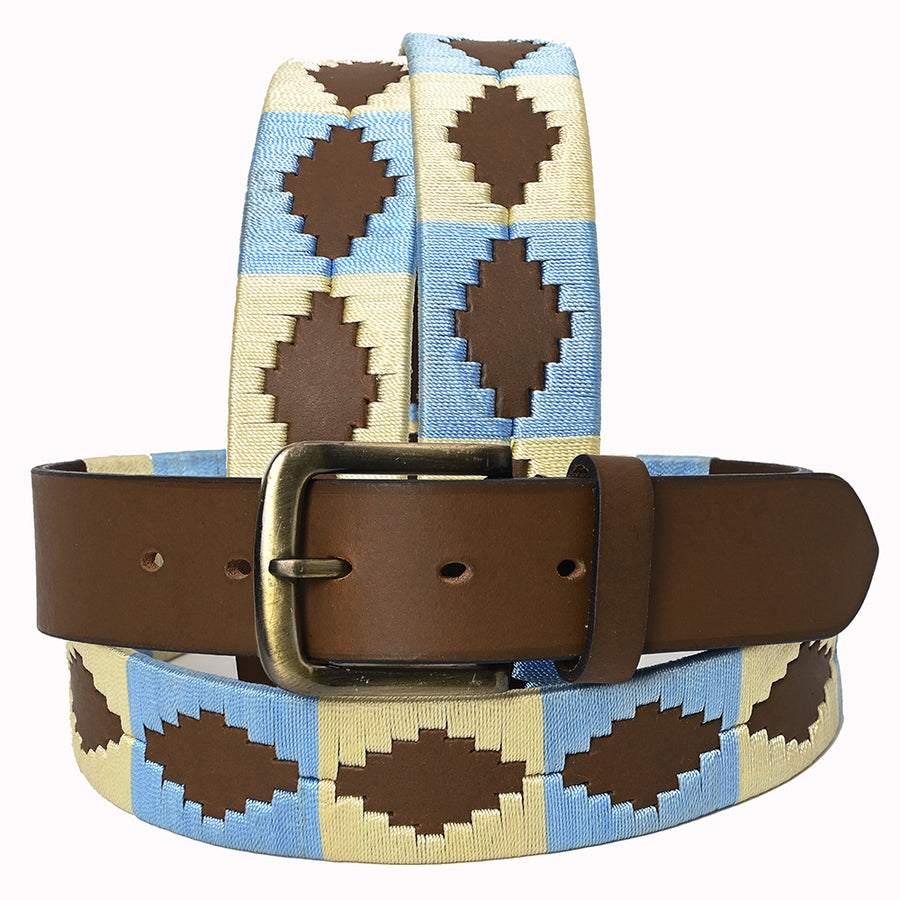 BAR H EQUINE Western Genuine Leather Men And Women Brown Belt Embroidered Beige and Light Blue - Uhorse