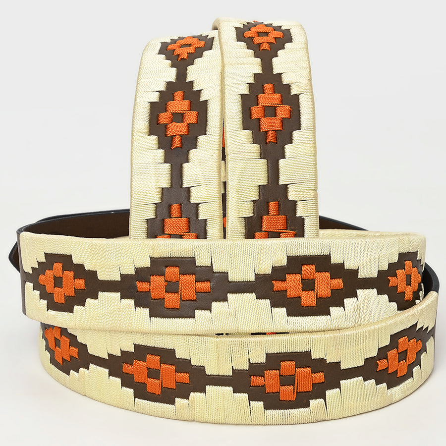 Bar H Equine Western Brown Full Grain Genuine Leather Men & Women Belt Embroidered Beige Orange with Buckle
