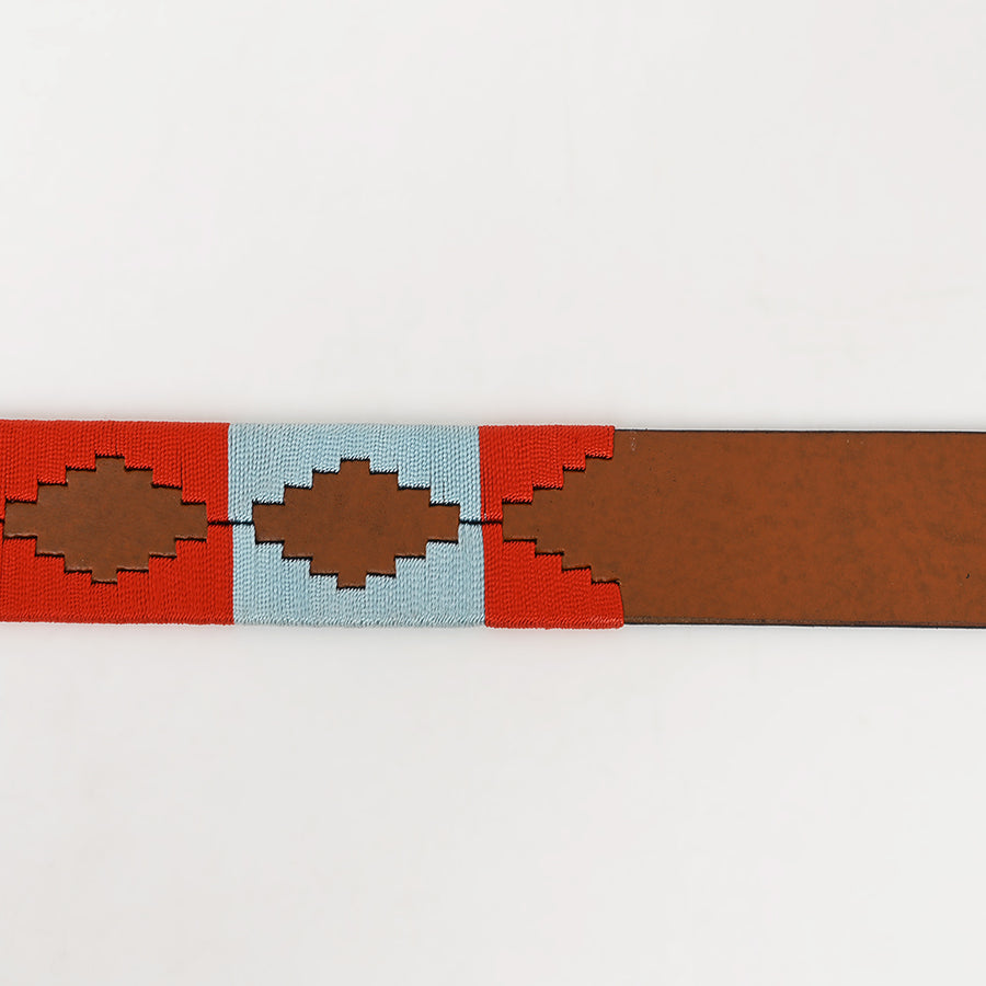 Bar H Equine Western Brown Full Grain Genuine Leather Men & Women Belt Embroidered Red Light Blue with Buckle