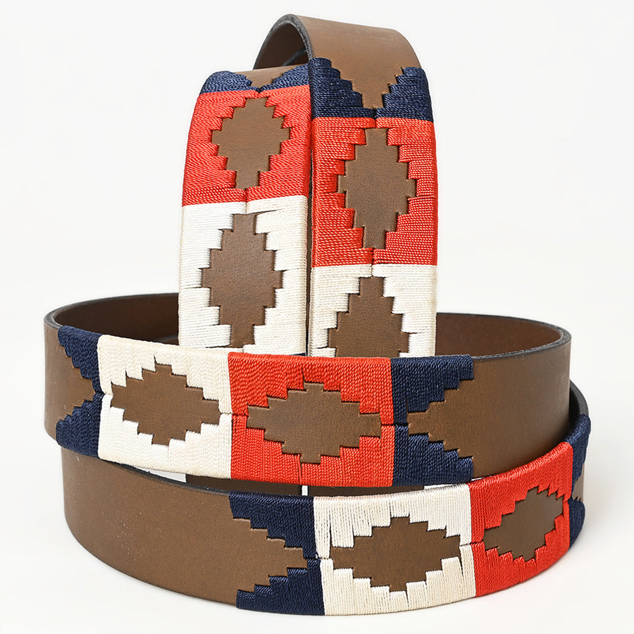 Bar H Equine Western Brown Full Grain Genuine Leather Men & Women Belt Embroidered Red Blue White with Buckle