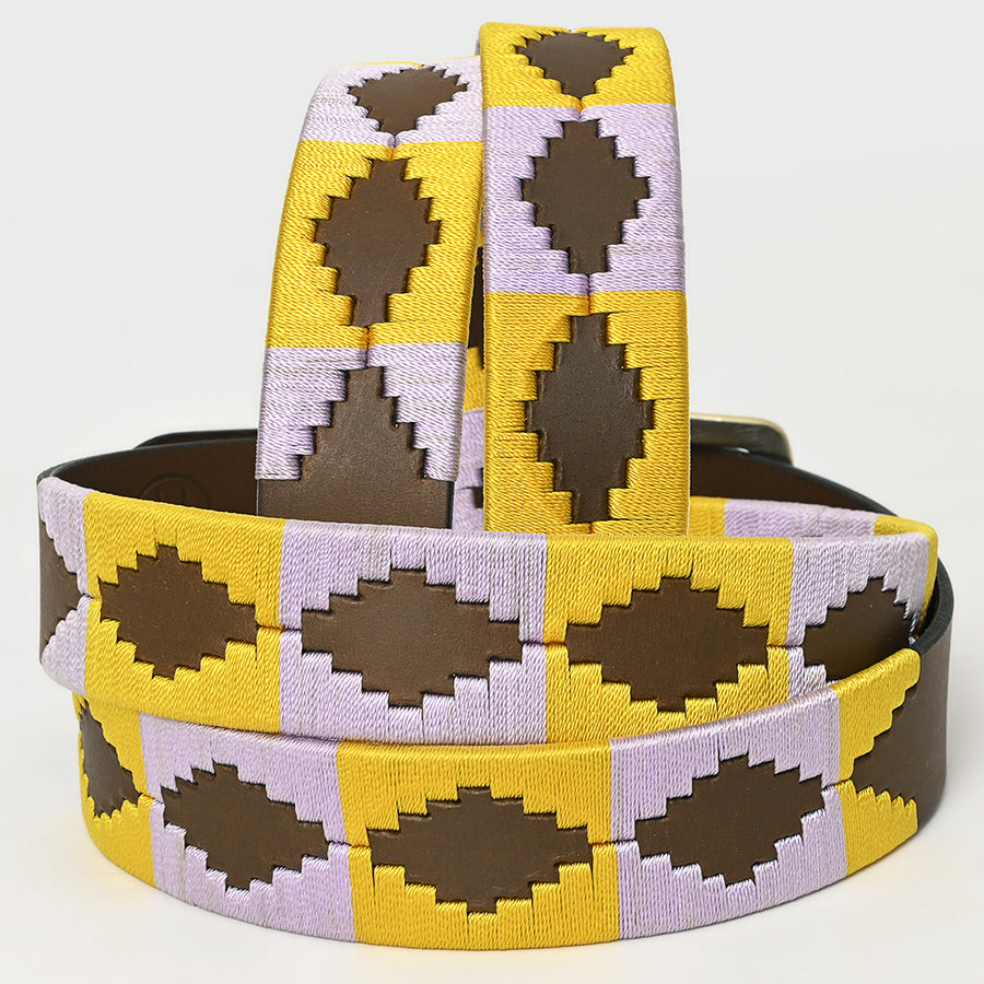 Bar H Equine Western Brown Full Grain Genuine Leather Men & Women Belt Embroidered Yellow Purple With Buckle