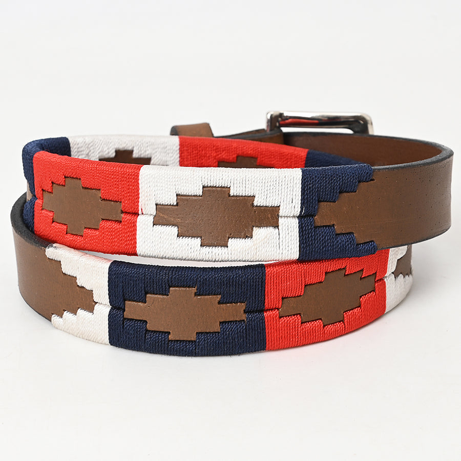Bar H Equine Western Brown Full Grain Genuine Leather Men & Women Belt Embroidered Orange Blue White with Buckle