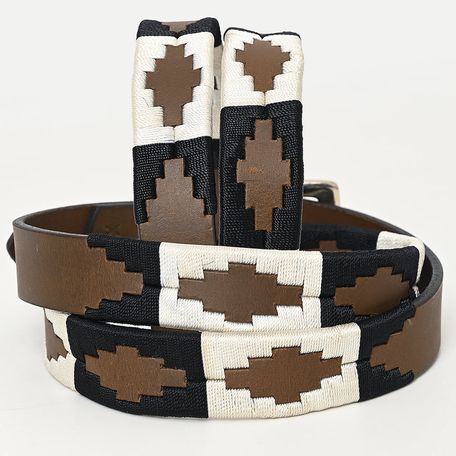 Bar H Equine Western Brown Full Grain Genuine Leather Men & Women Belt Embroidered Black White with Buckle