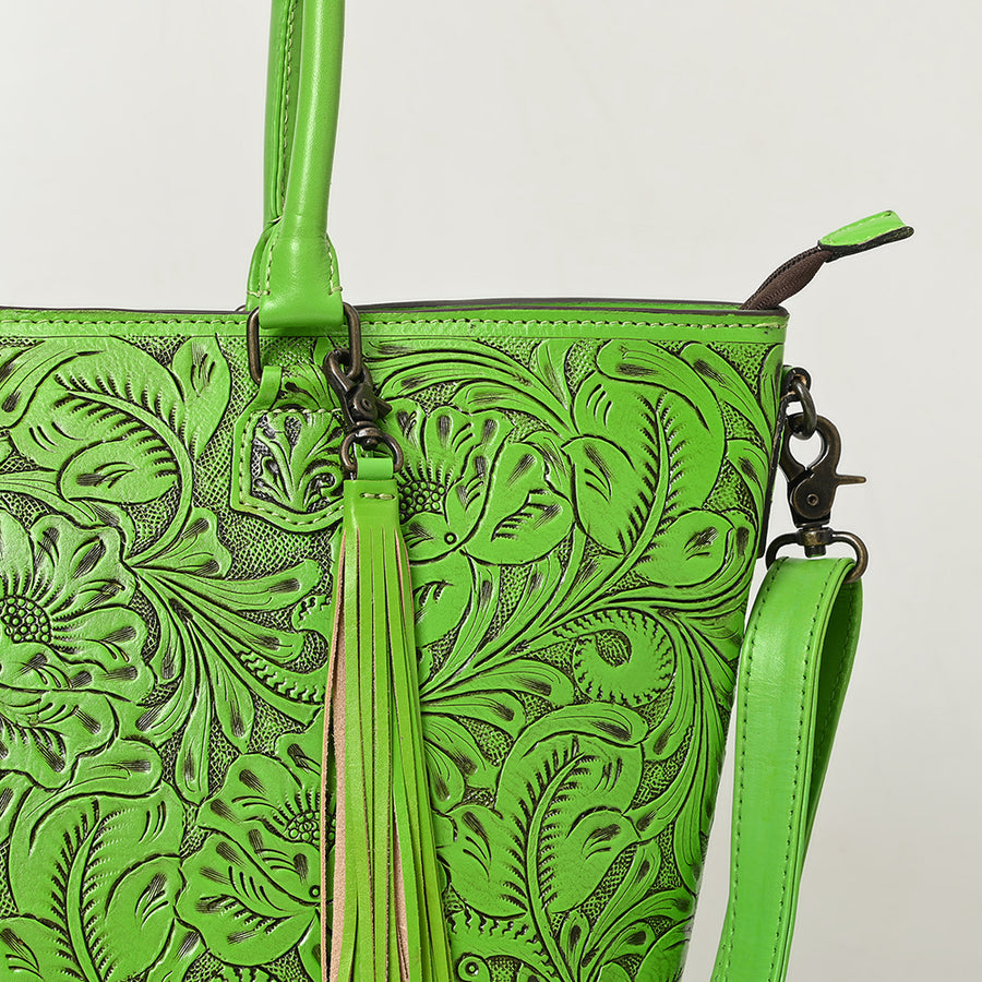 American Darling Hand Tooled Western Tote Bag – Floral Carved Genuine Leather Tote with Tassel | 12in (H) X 18in (W) X 5in (D)