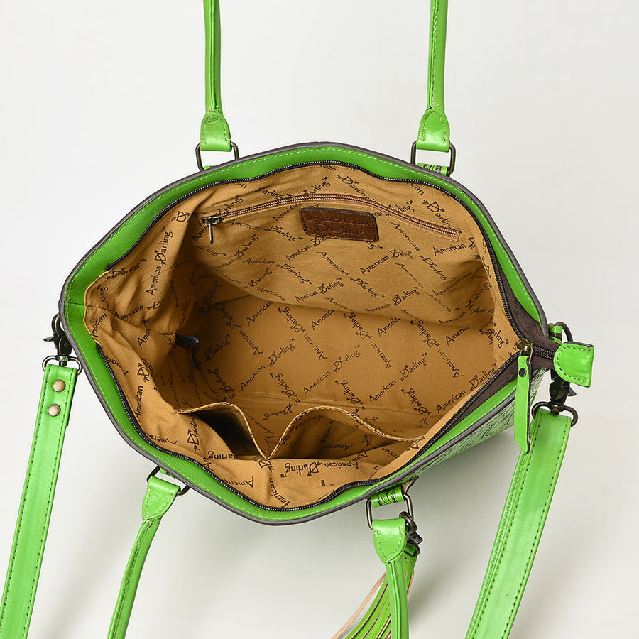 American Darling Hand Tooled Western Tote Bag – Floral Carved Genuine Leather Tote with Tassel | 12in (H) X 18in (W) X 5in (D)
