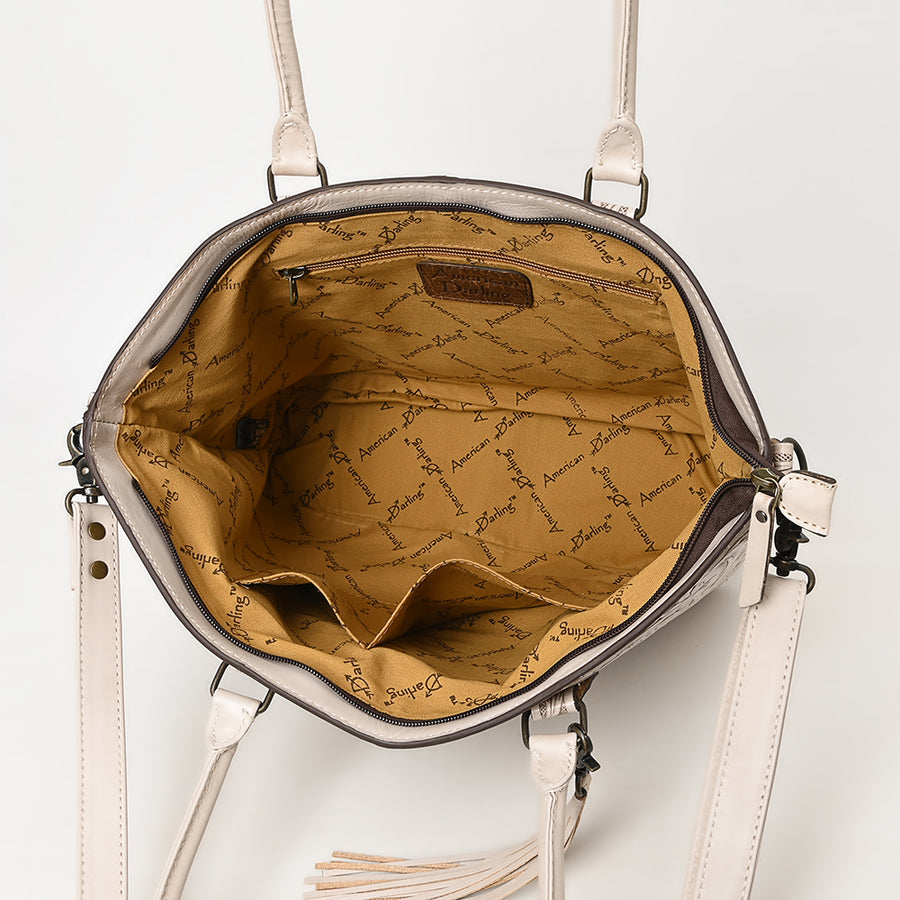 American Darling Hand Tooled Western Tote Bag – Floral Carved Genuine Leather Tote with Tassel | 12in (H) X 18in (W) X 5in (D)