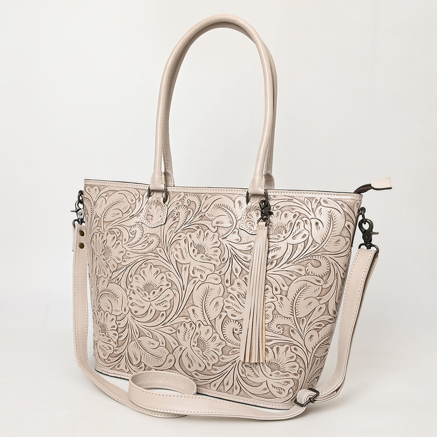 American Darling Hand Tooled Western Leather Tote Bag with Floral Carving and Tassel - Genuine Leather - Uhorse