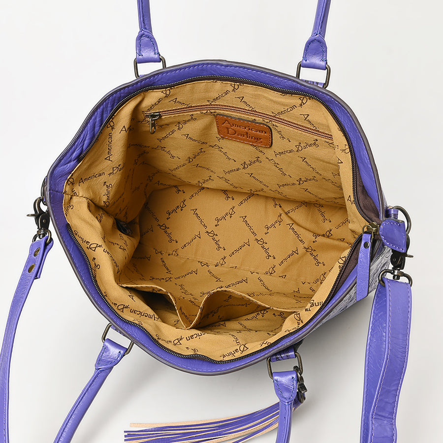 American Darling Hand Tooled Western Tote Bag – Floral Carved Genuine Leather Tote with Tassel | 12in (H) X 18in (W) X 5in (D)
