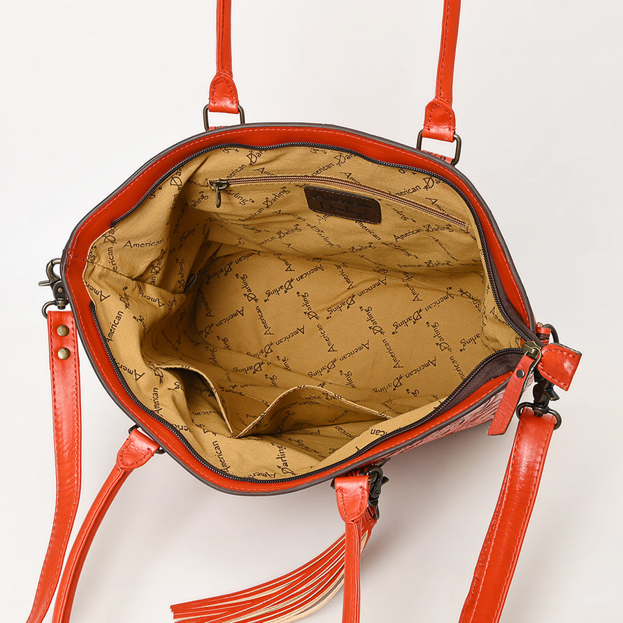 American Darling Hand Tooled Western Tote Bag – Floral Carved Genuine Leather Tote with Tassel | 12in (H) X 18in (W) X 5in (D)