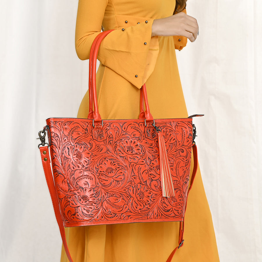 American Darling Hand Tooled Western Tote Bag – Floral Carved Genuine Leather Tote with Tassel | 12in (H) X 18in (W) X 5in (D)