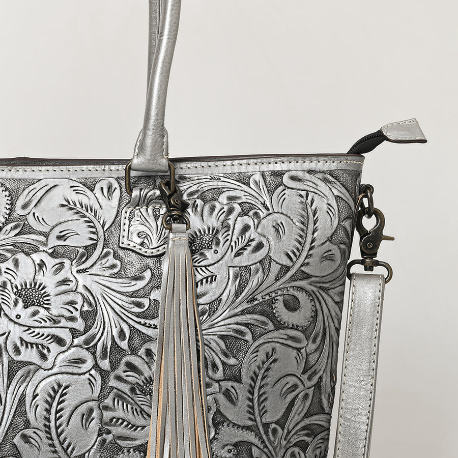 American Darling Hand Tooled Western Tote Bag – Floral Carved Genuine Leather Tote with Tassel | 12in (H) X 18in (W) X 5in (D)