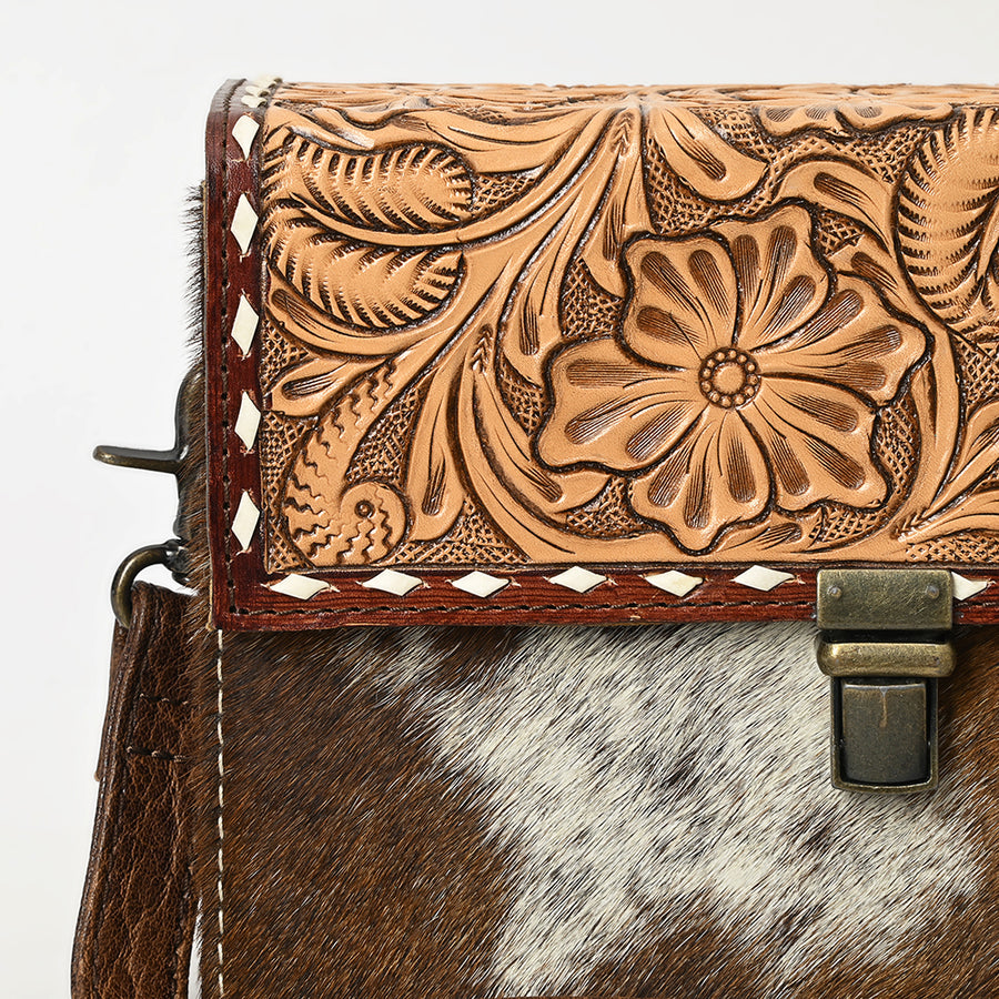 American Darling Western Small Cross Body Bag – Genuine Leather Hair-On Cowhide with Hand-Tooled Floral Carving for Everyday Use