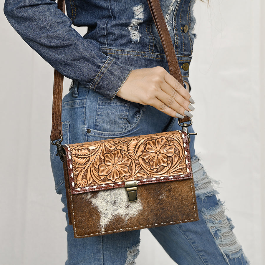 American Darling Western Small Cross Body Bag – Genuine Leather Hair-On Cowhide with Hand-Tooled Floral Carving for Everyday Use