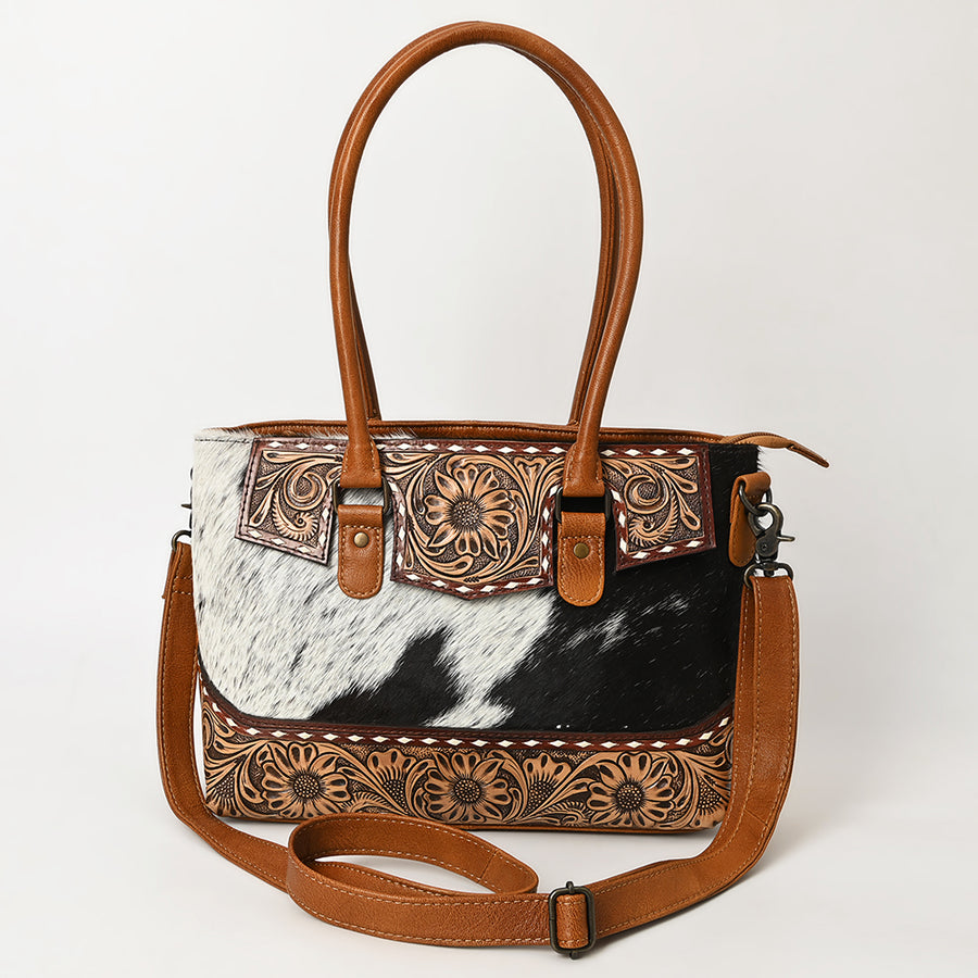 American Darling Western Tote Bag – Genuine Leather Hair-On Cowhide with Hand-Tooled Floral Carving for Everyday Western Style