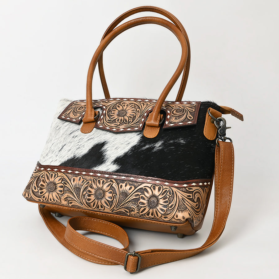 American Darling Western Tote Bag – Genuine Leather Hair-On Cowhide with Hand-Tooled Floral Carving for Everyday Western Style