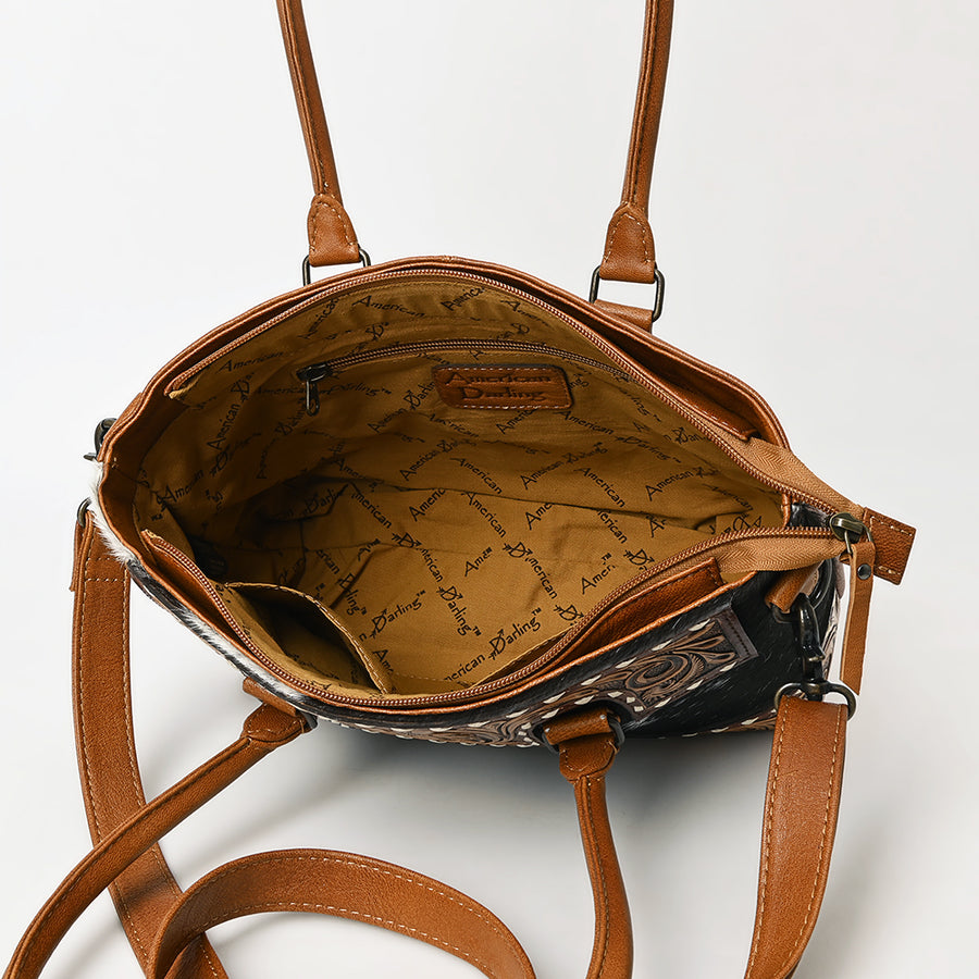 American Darling Western Tote Bag – Genuine Leather Hair-On Cowhide with Hand-Tooled Floral Carving for Everyday Western Style
