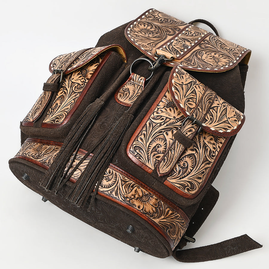 Western Leather Backpack Bag with Hand-Tooled Floral Carving, Genuine Suede Leather, Adjustable Straps, Spacious Interior, Premium Craftsmanship