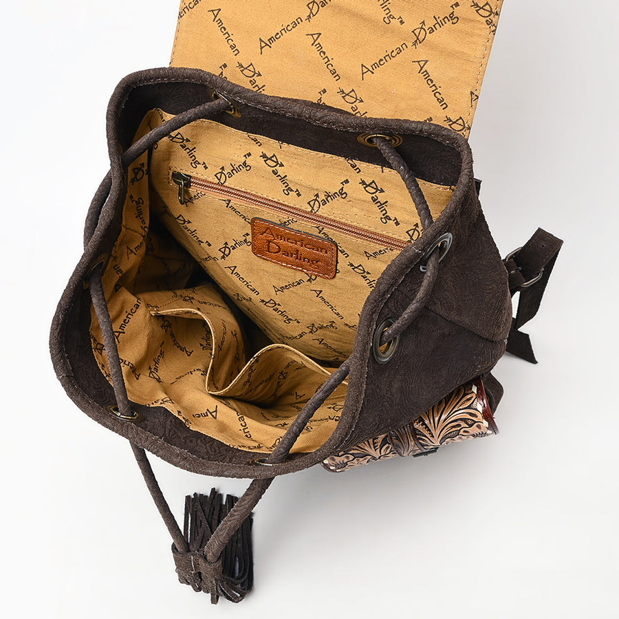 Western Leather Backpack Bag with Hand-Tooled Floral Carving, Genuine Suede Leather, Adjustable Straps, Spacious Interior, Premium Craftsmanship
