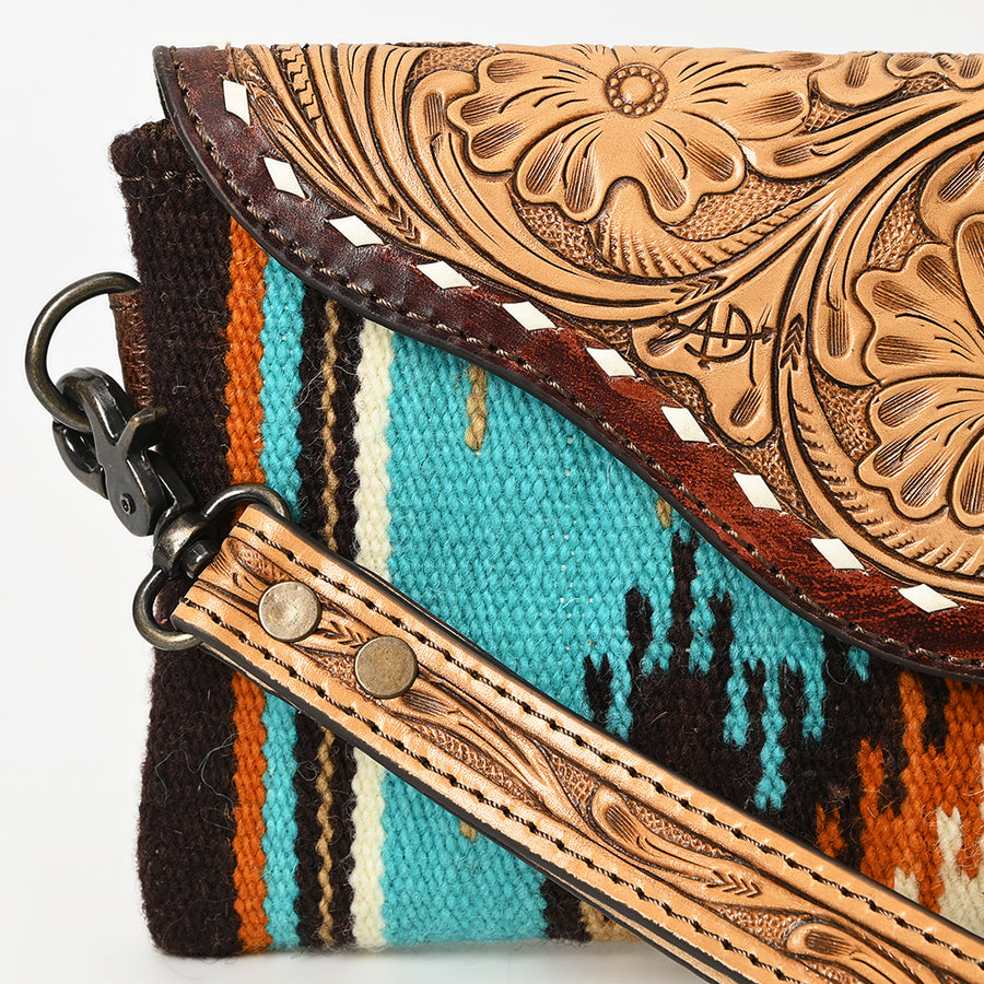American Darling Hand Tooled Leather Western Wristlet Bag with Floral Carved Flap and Hand Woven Saddle Blanket 6in (H) X 11in (W)