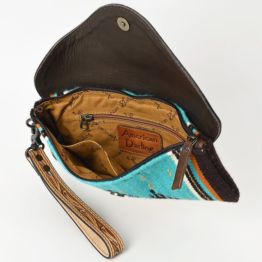 American Darling Hand Tooled Leather Western Wristlet Bag with Floral Carved Flap and Hand Woven Saddle Blanket 6in (H) X 11in (W)