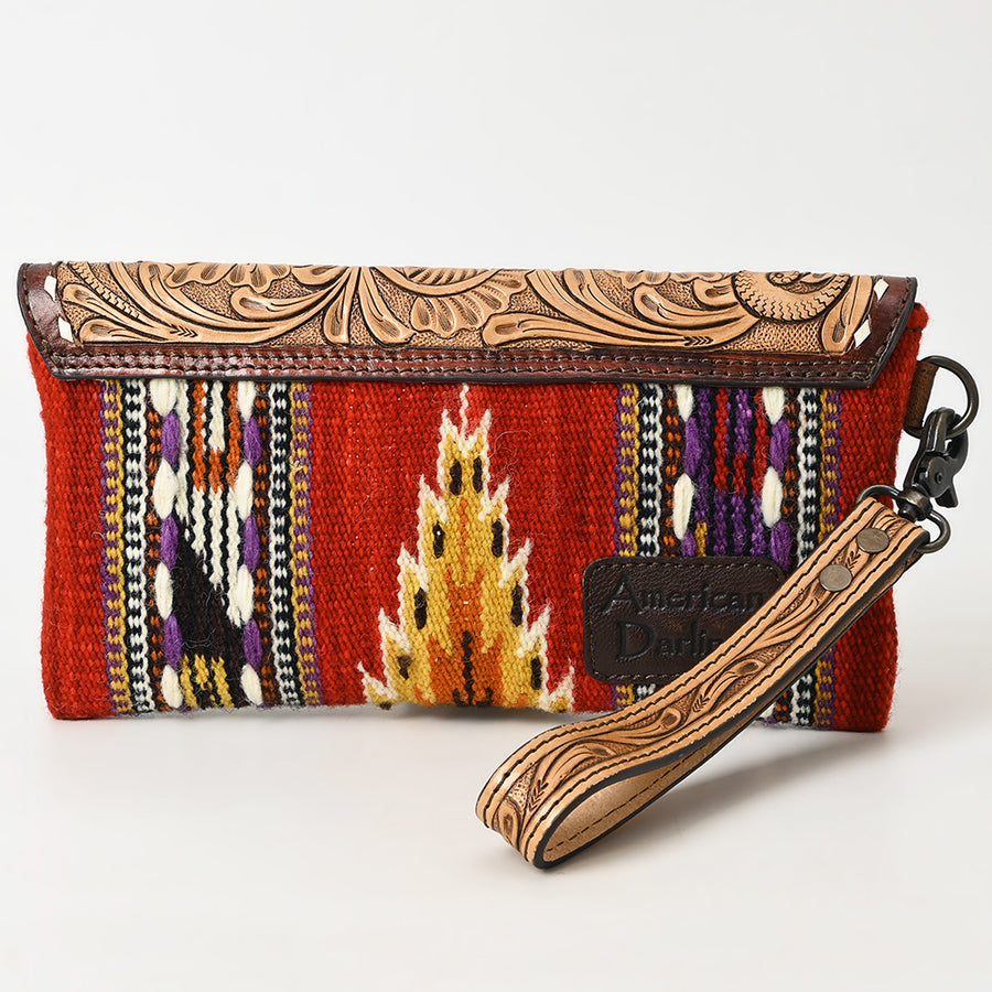 American Darling Hand Tooled Leather Western Wristlet Bag with Floral Carved Flap and Hand Woven Saddle Blanket 6in (H) X 11in (W)