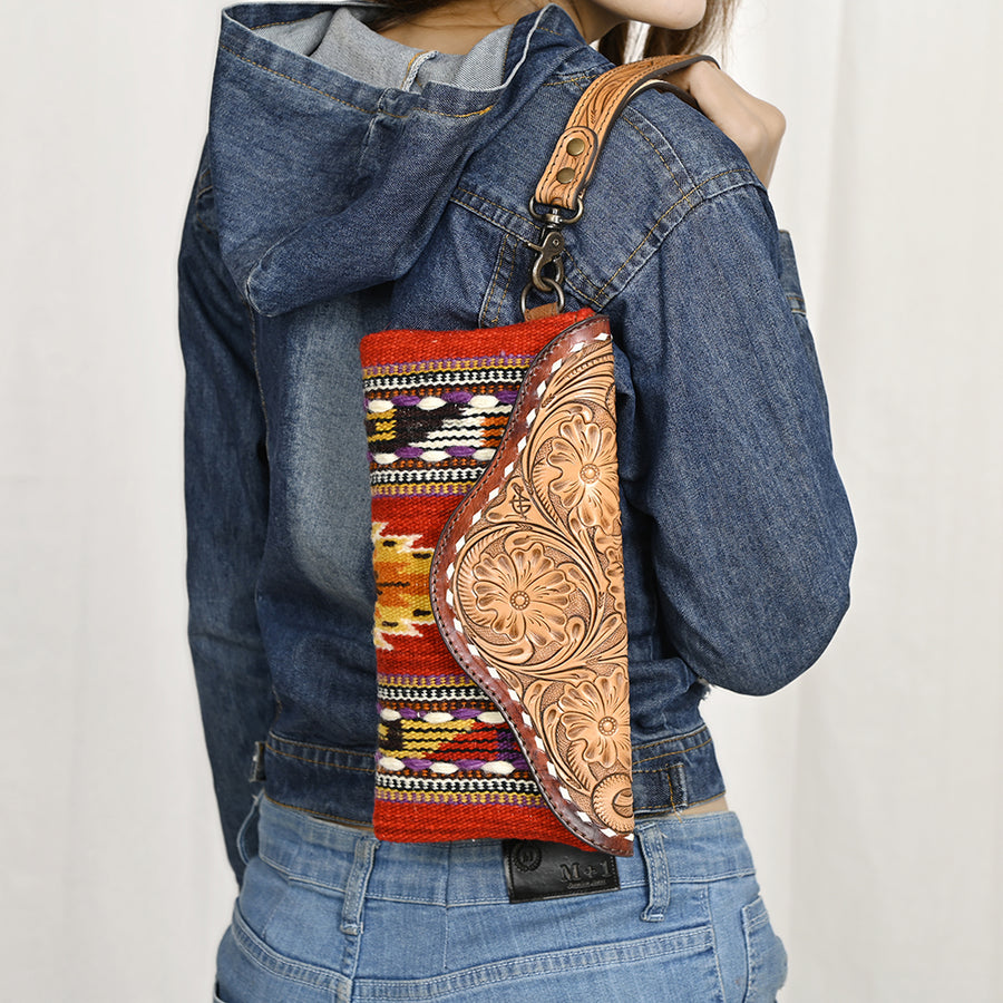 American Darling Hand Tooled Leather Western Wristlet Bag with Floral Carved Flap and Hand Woven Saddle Blanket 6in (H) X 11in (W)