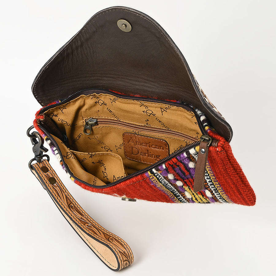 American Darling Hand Tooled Leather Western Wristlet Bag with Floral Carved Flap and Hand Woven Saddle Blanket 6in (H) X 11in (W)