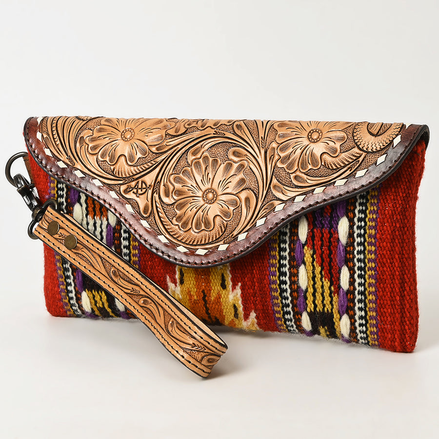 American Darling Hand Tooled Leather Western Wristlet Bag with Saddle Blanket and Floral Carved Flap - Uhorse