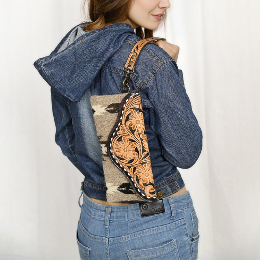 American Darling Hand Tooled Leather Western Wristlet Bag with Floral Carved Flap and Hand Woven Saddle Blanket 6in (H) X 11in (W)