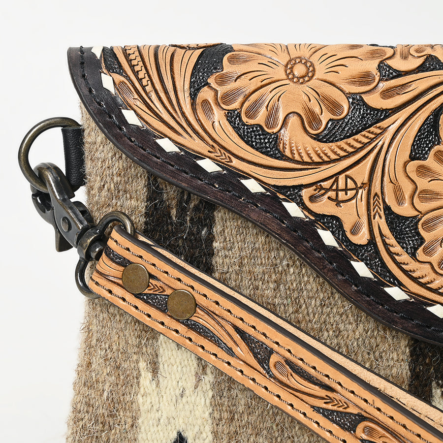 American Darling Hand Tooled Leather Western Wristlet Bag with Floral Carved Flap and Hand Woven Saddle Blanket 6in (H) X 11in (W)