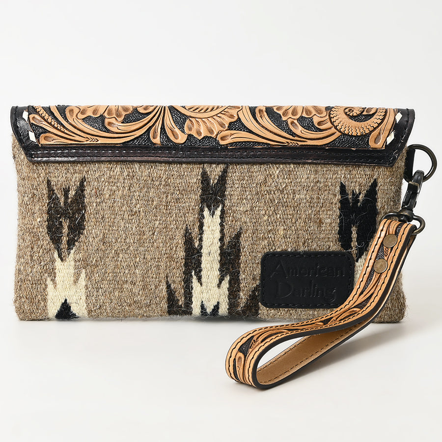 American Darling Hand Tooled Leather Western Wristlet Bag with Floral Carved Flap and Hand Woven Saddle Blanket 6in (H) X 11in (W)